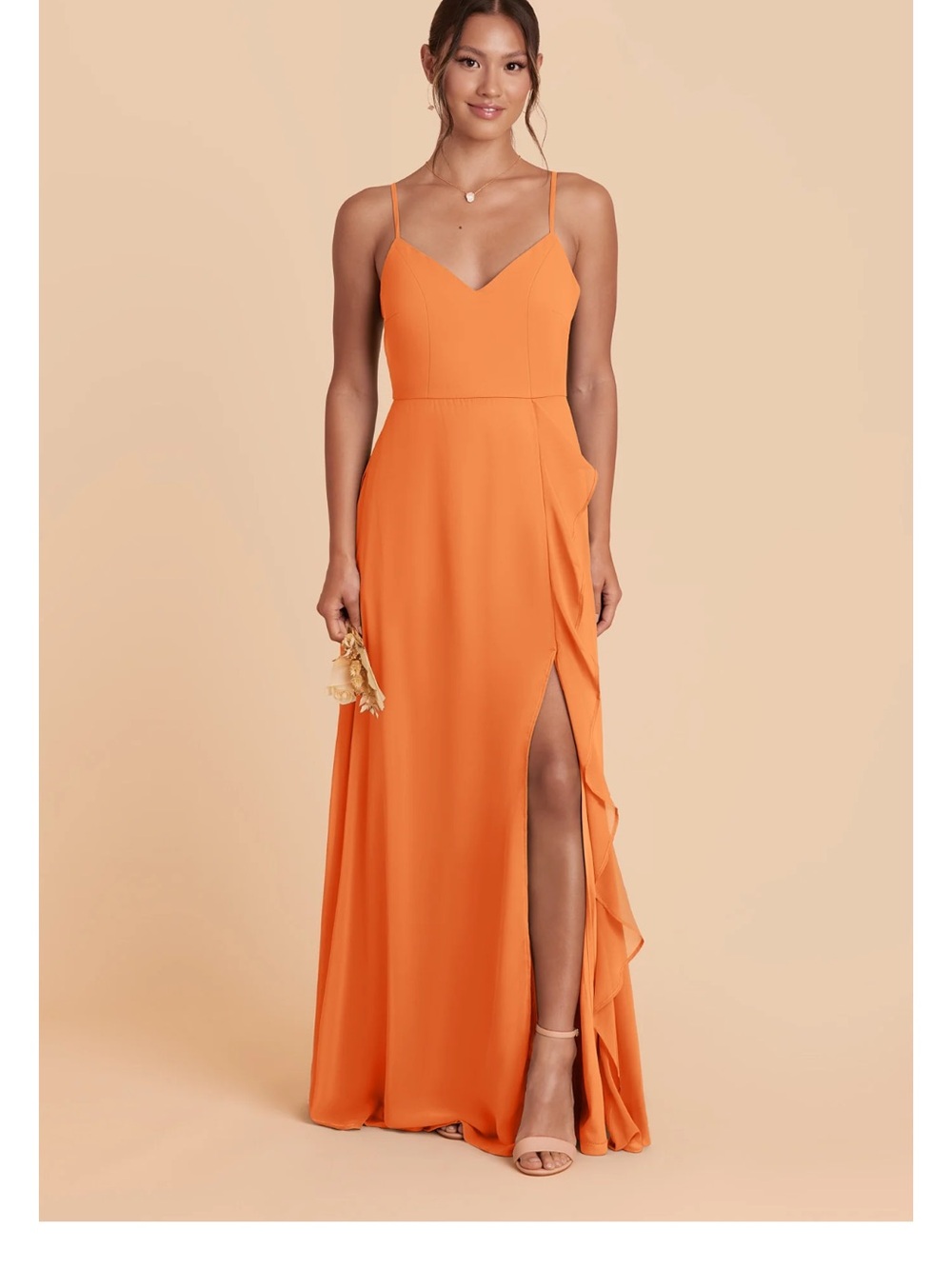 Birdy Grey Orange Spaghetti Strap Ruffle-Slit Bridesmaid Dress